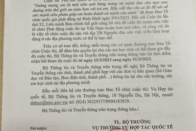 Lùi thời gian nhận bài tham dự cuộc thi viết thư quốc tế UPU lần thứ 52 năm 2023